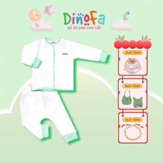 Set quần áo sơ sinh DINOFA cho trẻ 0-3M thiết kế cúc thẳng, màu trắng viền xanh lá