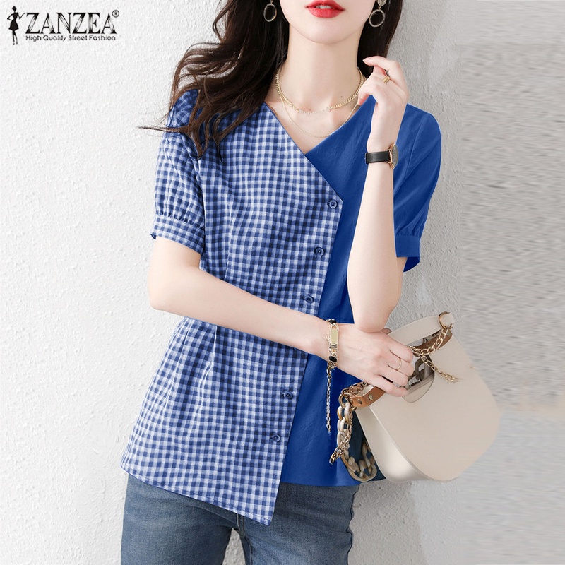 Zanzea Áo Sơ Mi Tay Ngắn Cổ Chữ V Họa Tiết Kẻ Ô Thanh Lịch Dành Cho Nữ