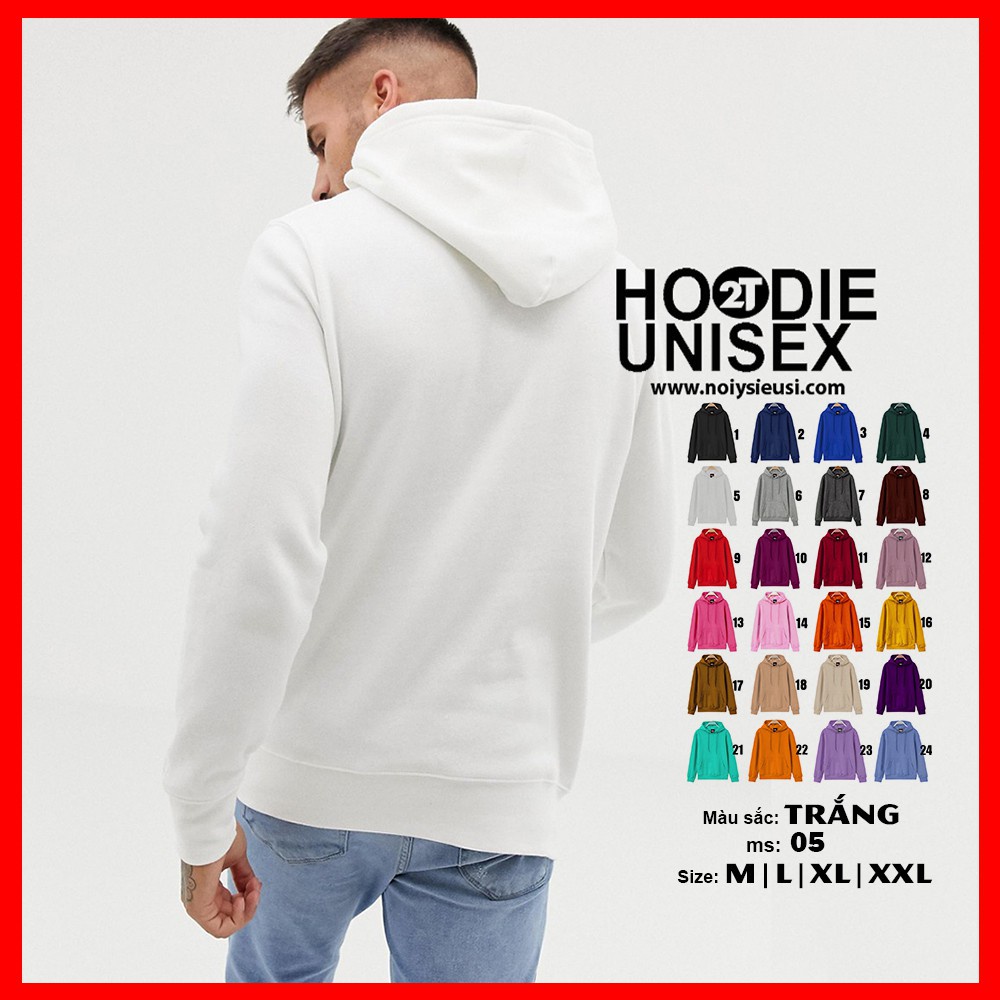 ☞Áo hoodie unisex 2T Store H05 màu trắng - Áo khoác nỉ chui đầu nón 2 lớp dày dặn đẹp chất lượng