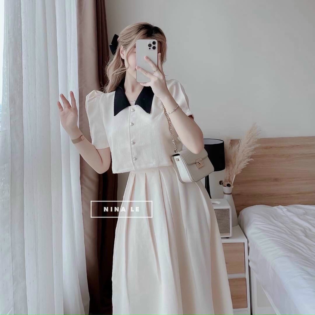 Sét váy thời trang nữ mặc đi chơi chất xốp nhật tay búp phối cổ đen mix chân váy có lót