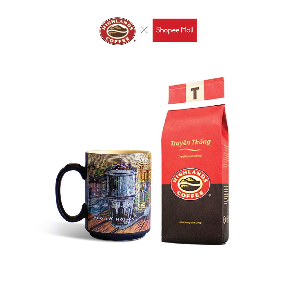 COMBO Hội An - Ly sứ và Cà phê rang xay Truyền Thống Highlands Coffee 200g