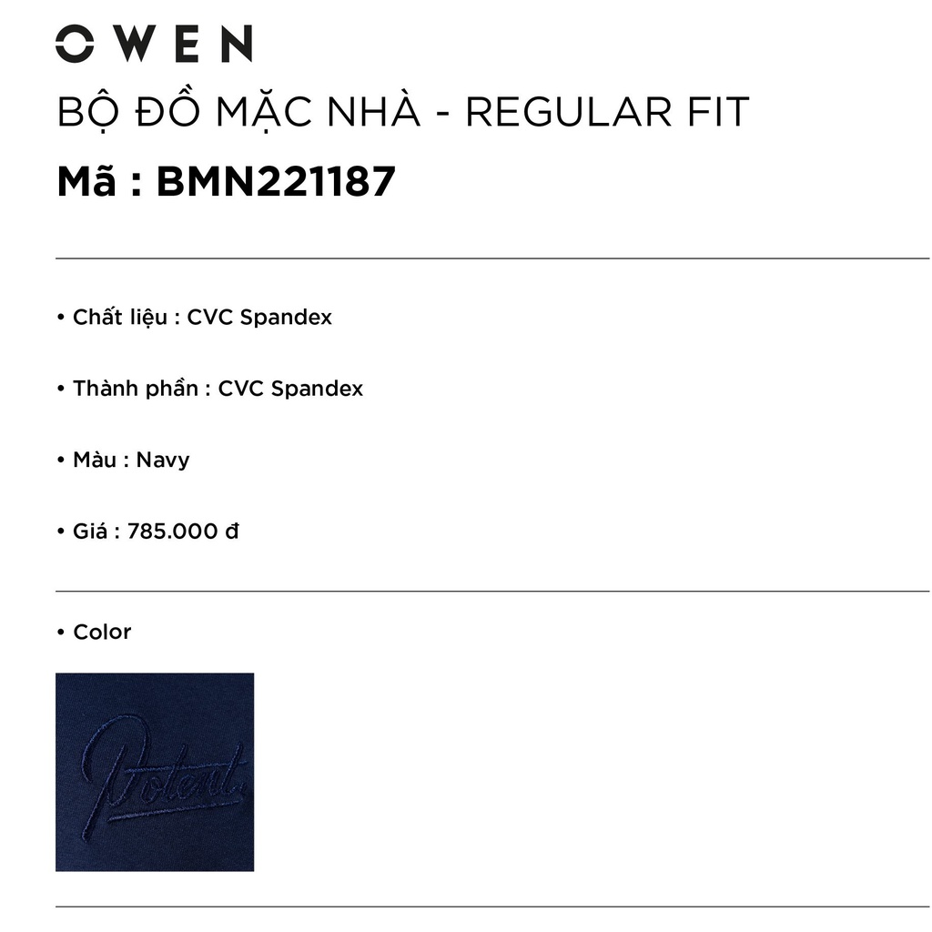 Bộ đồ mặc nhà thu đông nam OWEN BMN221187 Vải CVC Spandex Màu Navy Trơn Dáng Regular Fit áo cổ tròn quần cạp chun
