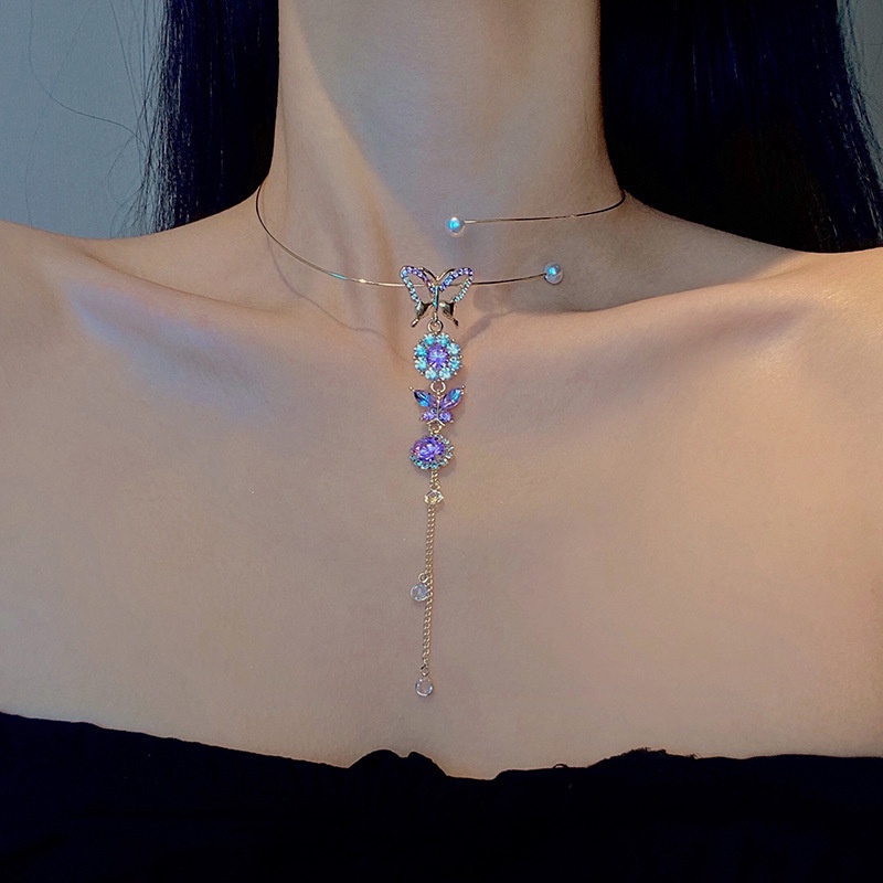 Vòng Cổ Tua Rua Hình Bướm Màu Tím Đính Ngọc Trai Phong Cách Mới