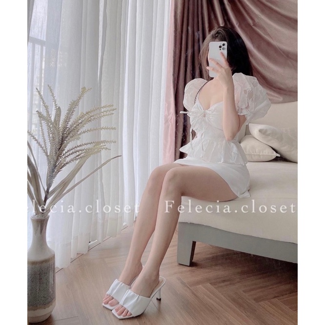 SET ÁO NHÚN BÈO TAY BÚP DÂY BUỘC YẾM + CHÂN VÁY BỐN MÀU