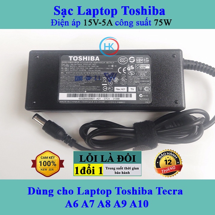 Sạc Laptop Toshiba 15V-5A 75W Dùng cho Laptop Toshiba Tecra A6 A7 A8 A9 A10