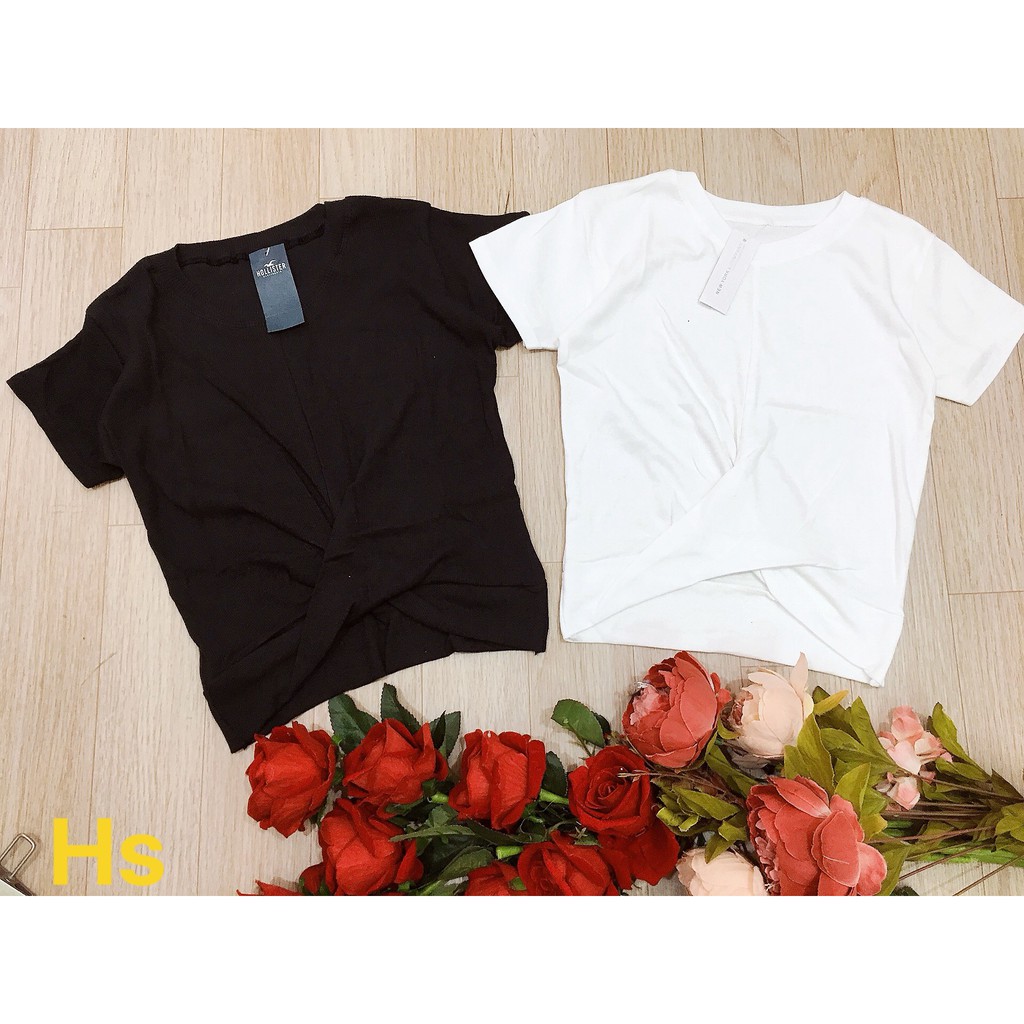 Áo Croptop Nữ Xoắn Eo Dáng Cộc Tay Cổ Tròn 2 Màu