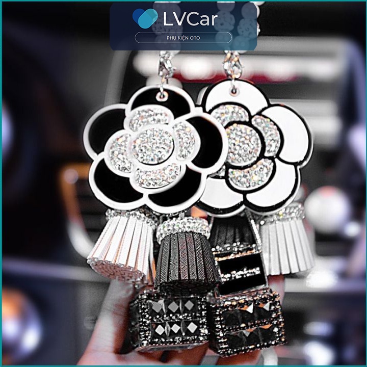 Khánh treo gương xe ô tô hình Hoa Trà Đính Đá kèm Tinh dầu Treo Gương xe oto