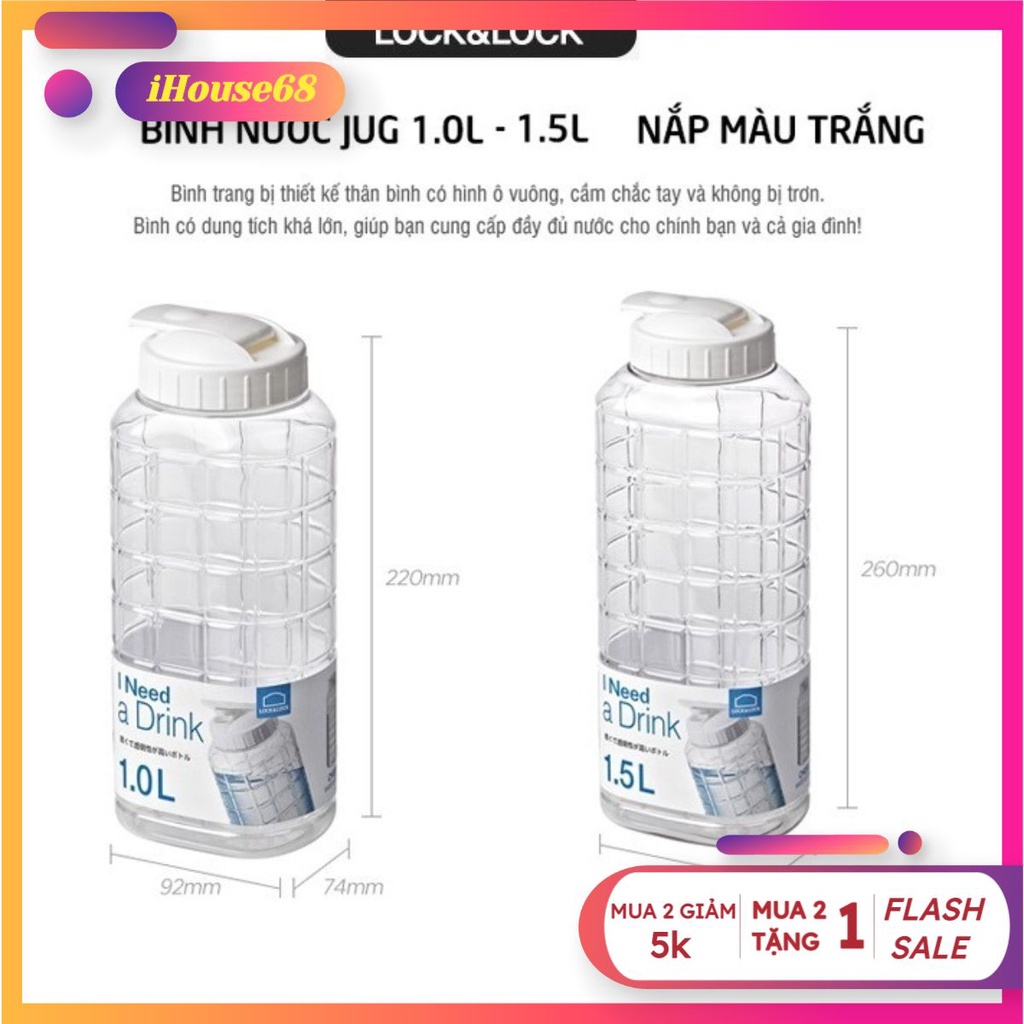 Bình nước Jug Lock&Lock HAP810 1L và HAP812 1,5 L - Nắp màu trắng