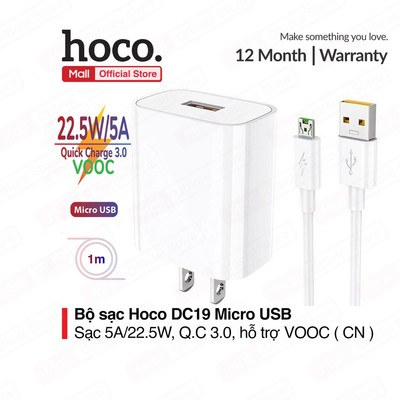 Bộ sạc nhanh Hoco DC19 USB to micro sạc nhanh 5A/22.5W, Quick charge 3.0, hỗ trợ sạc VOOC, kèm dây dài 1m
