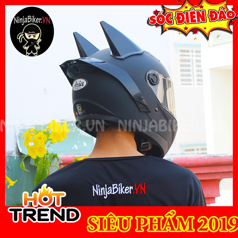 compo nón fullface ASIA tem đen trơn gắng sừng batman đen và đuôi gió đen