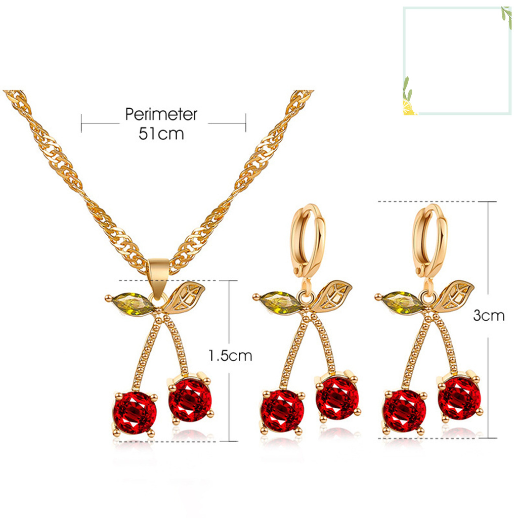 Bộ vòng cổ + Bông Tai Hình Quả Cherry Đính Đá Ruby Nhân Tạo Cho Nữ