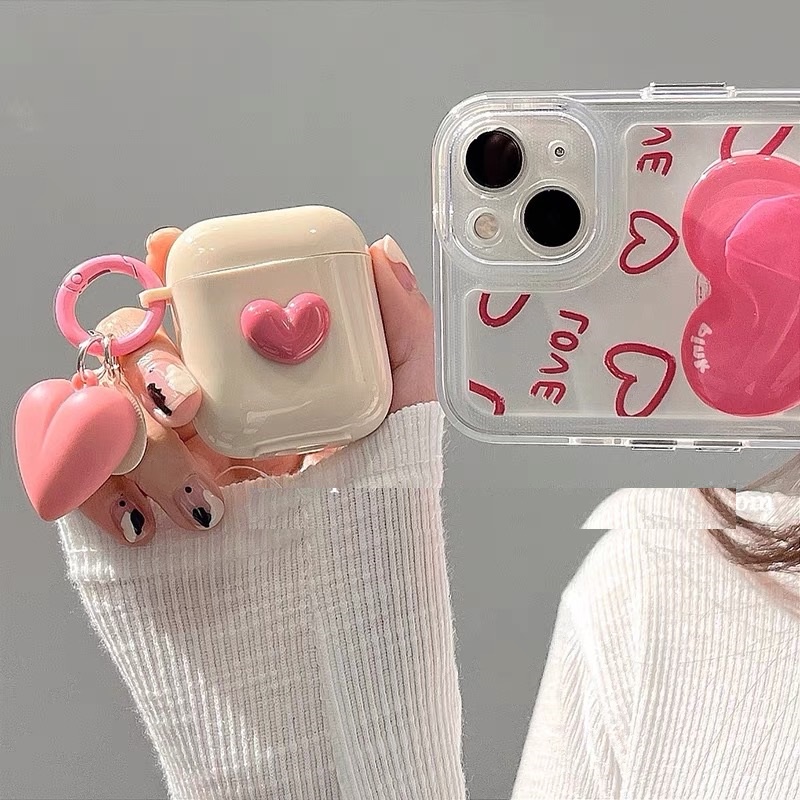 Vỏ Bảo Vệ Hộp Sạc Tai Nghe Bluetooth airpods 1/2 pro Bằng tpu Họa Tiết Trái Tim Màu Hồng Dễ Thương
