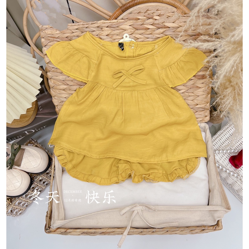 Bộ cộc tay cánh tiên bé gái, bộ bé gái chất đũi hàn 3 màu ống tay và quần bèo siêu mát cho bé