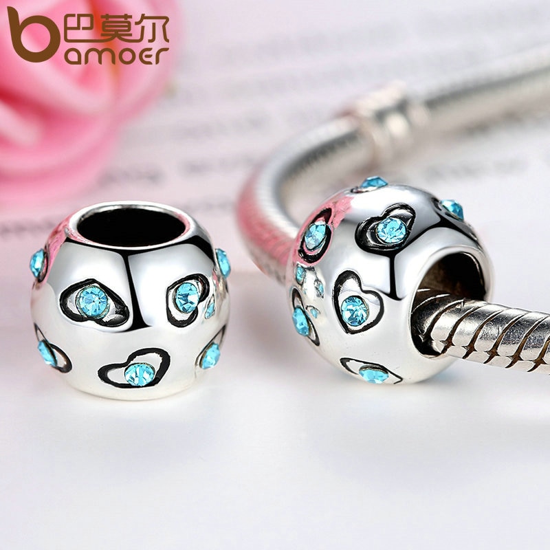 Hạt phụ kiện xỏ vòng tay Bamoer Pa5320 bằng bạc 925 đính đá màu xanh dương hình trái tim làm trang sức