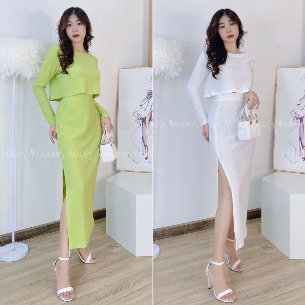 Set chân váy ôm dáng dài xẻ bên mix áo croptop cổ tròn dài tay LEOSWWEARING L243 L244