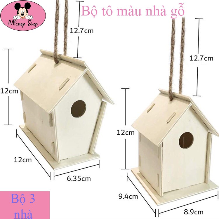 Bộ tô màu nhà gỗ, Bộ 3 nhà tặng kèm cọ vẽ và bộ 12 màu