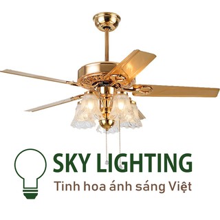 BH 10 năm Quạt trần đèn 5 bóng Gold có điều khiển từ xa cánh 1m32 tặng bóng LED