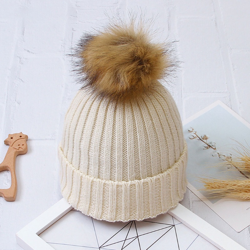 Mũ Beanie Dệt Kim Phối Bóng Lông Màu Sắc Trơn Giữ Ấm Mùa Đông Dành Cho Trẻ Em
