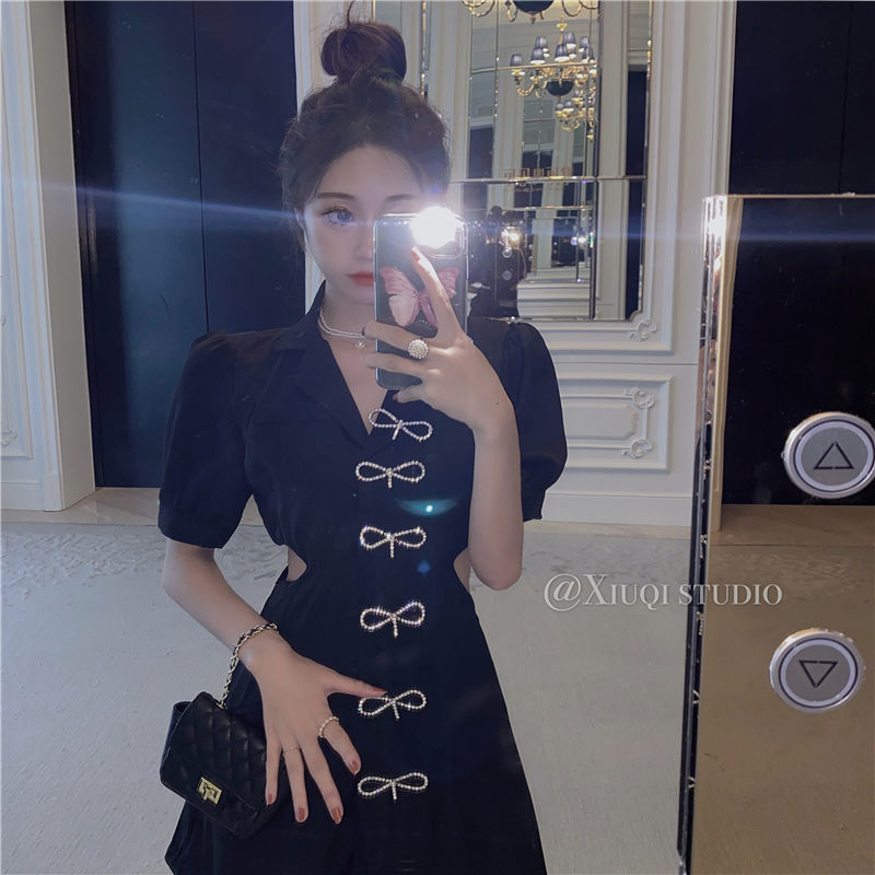 Đầm tay ngắn phối nơ đính kim cương giả thời trang dành cho nữ | BigBuy360 - bigbuy360.vn