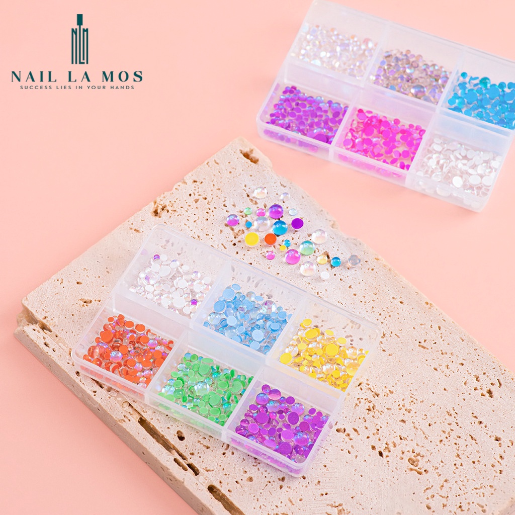 Đá nails cao cấp trang trí móng - Khay đá giọt sương chân bằng mix size 6 màu rất sáng