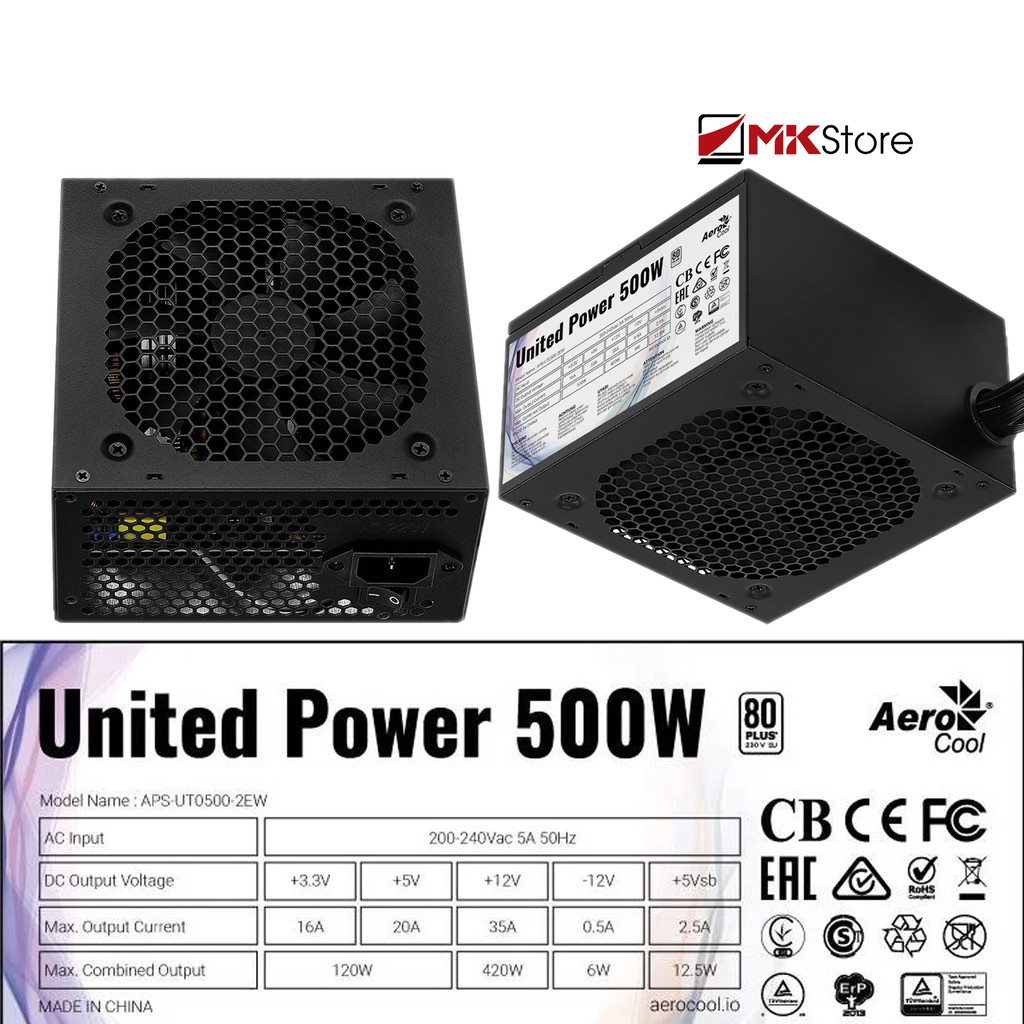 Nguồn AEROCOOL UNITED POWER 500W 80Plus Certified (chuyên game net)