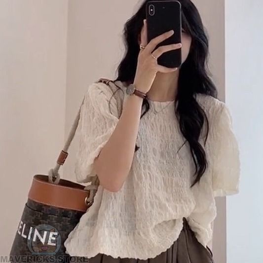 Set Áo Tay Phồng + Quần Short Lưng Cao Phong Cách Hàn Quốc Cho Nữ