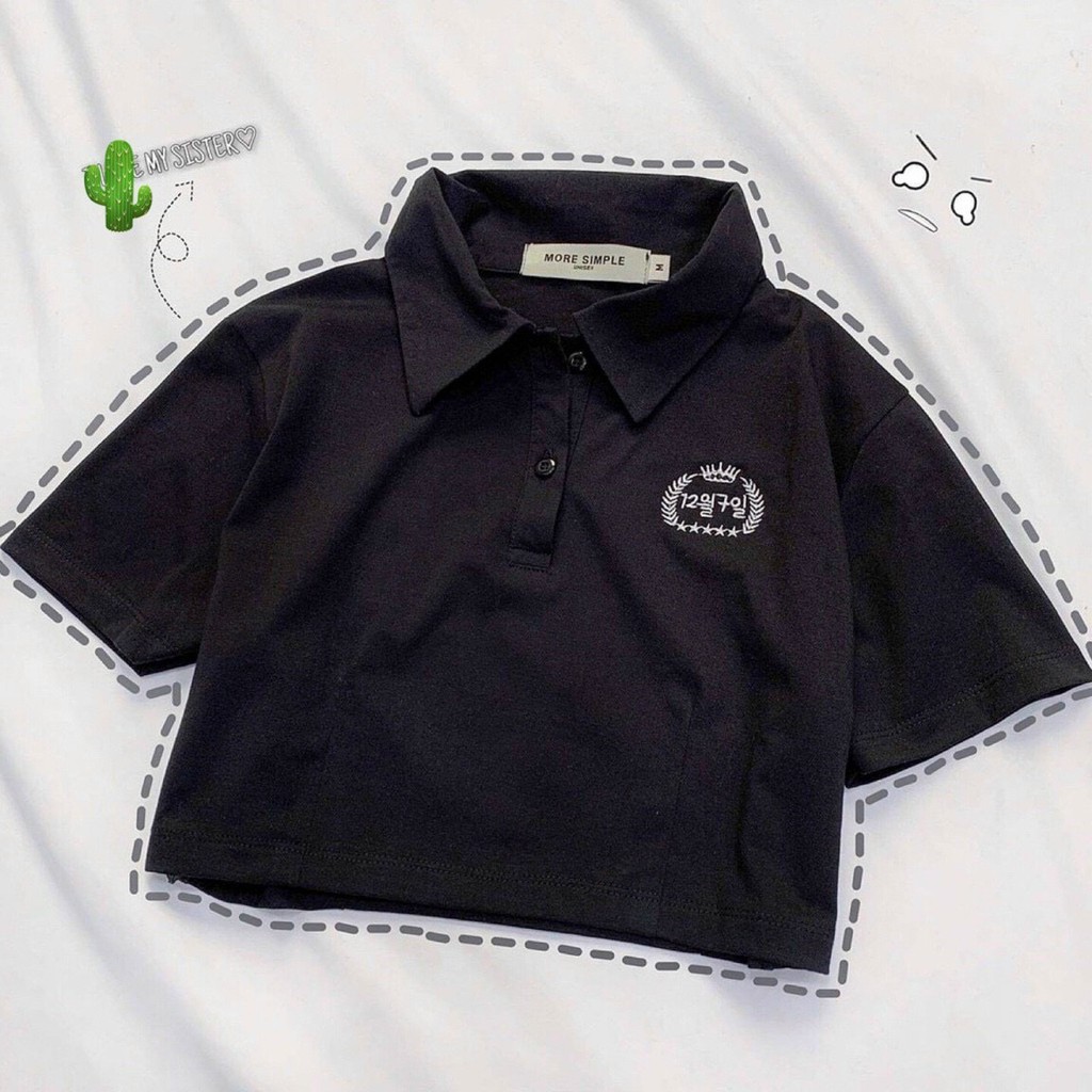 Áo croptop nữ Polo cổ trụ thêu, dáng ôm nhẹ co dãn thoáng mát.