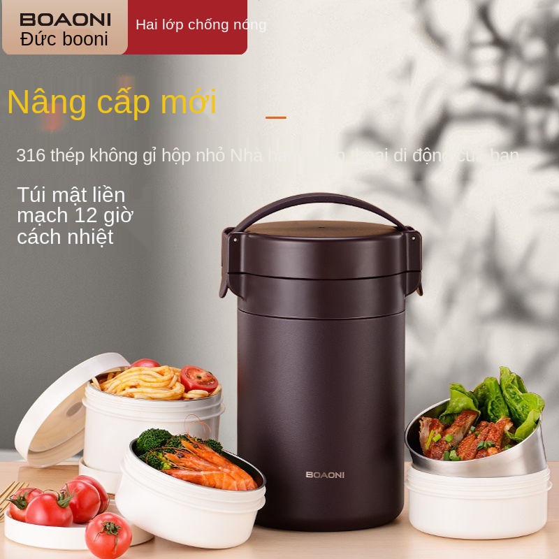 Hộp cơm cách nhiệt Booni của Đức Chảo nhiều lớp bằng thép không gỉ 316 dành cho người lớn chân học sinh