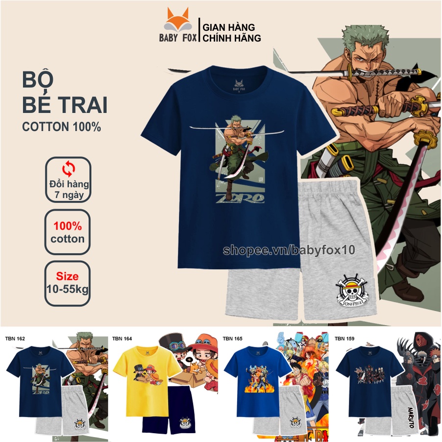 Bộ bé trai size nhí, trung, đại 100% cotton loại tốt, thương hiệu BABY FOX, One Piece, Luffy, Zoro n