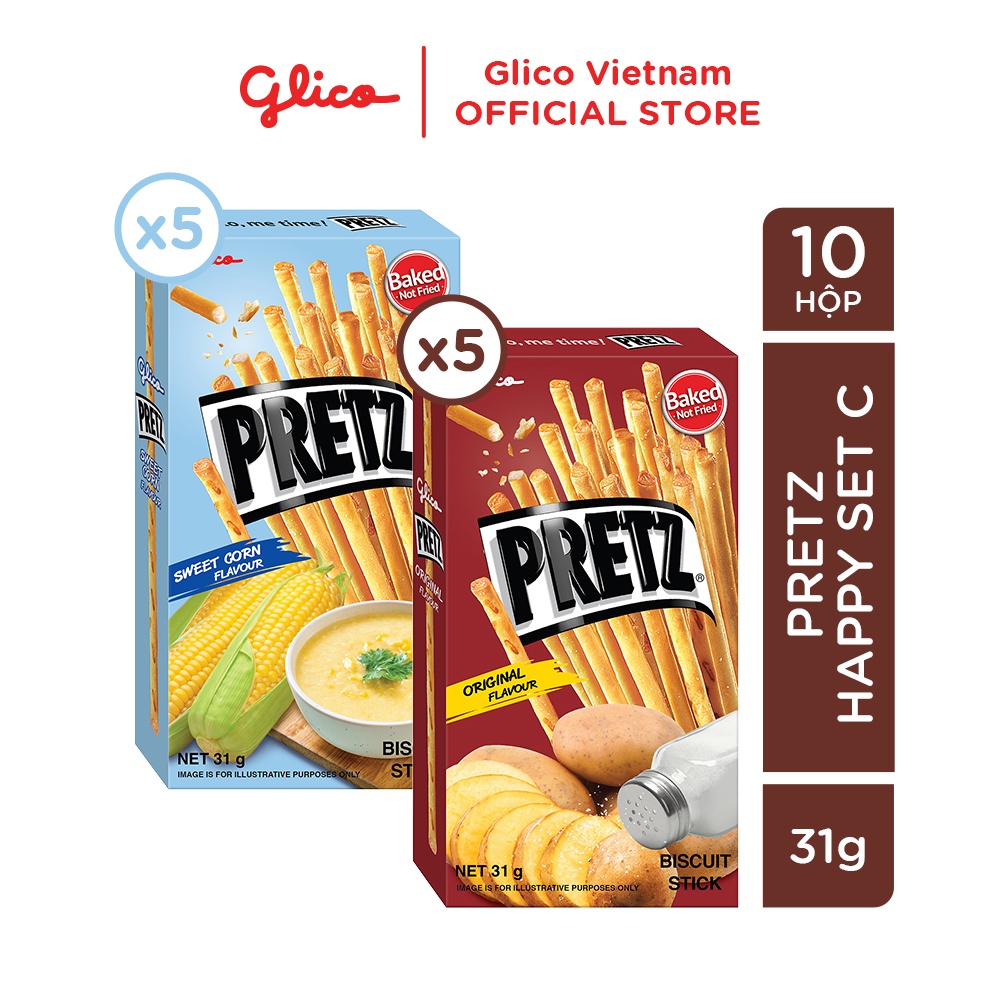 Bánh que nướng giòn mix 2 vị khoai tây và bắp GLICO Pretz (Combo Happy Set E - 5 khoai tây 5 bắp)