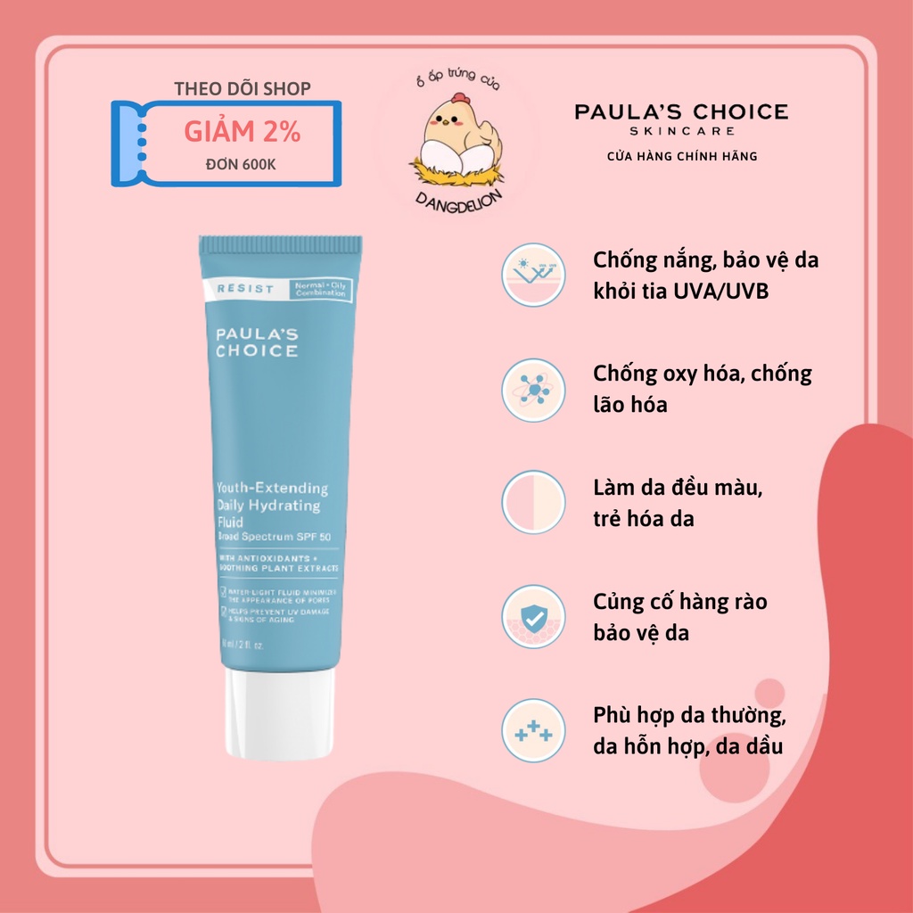 Kem chống nắng phổ rộng Paula's Choice Resist Youth-Extending Daily Hydrating Fluid SPF50 60ml