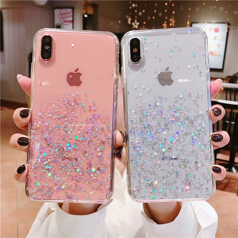 Case iPhone 11 12 Mini Pro XS Max X XR 6 6S 7 8 Plus 5 5S Se 2 Bling Glitter Stars Sequins Silicone Phone Case