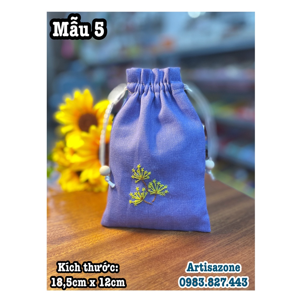 Túi vải dây rút thêu hoa mini, kích thước: 18cm x 12cm  - 01 chiếc -