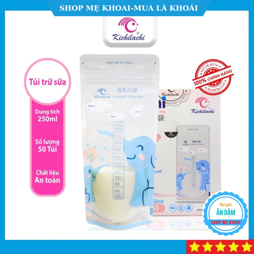 Hộp 50 túi trữ sữa mẹ 250ml Cảm ứng nhiệt hình chú Voi KICHILACHI KICHI