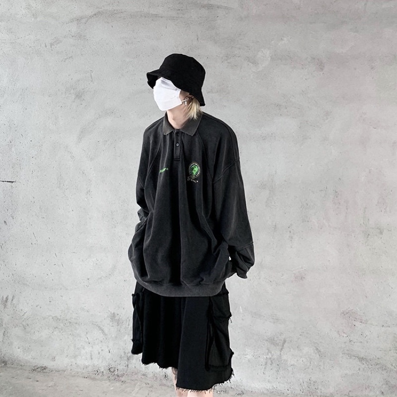 Áo nỉ polo sweater Rockboiz màu đen wash