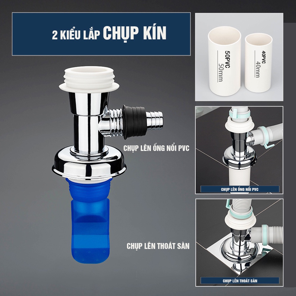 Bộ thoát nước máy giặt, nước thải, chống mùi hôi, lắp thoát sàn, ống PVC chia 2, Minh House