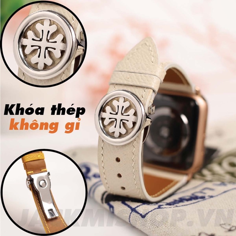 [DÂY DA THẬT] DÂY DA BÊ EPSOM MAY TAY THỦ CÔNG MÀU KEM KHÓA PATEK CHO APPLE WATCH SERIES 1=&gt;6 (BẢO HÀNH 1 NĂM)