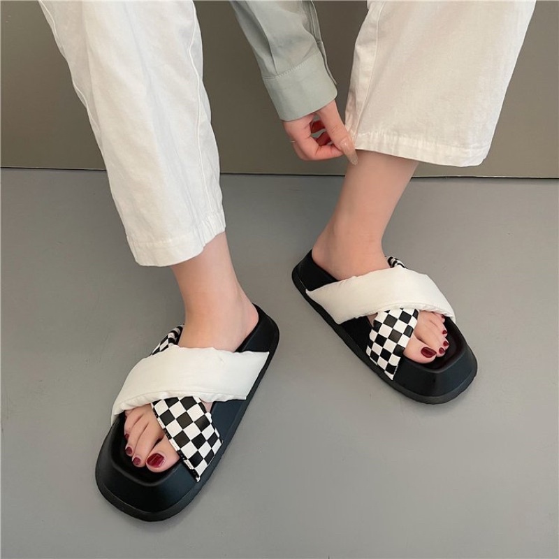 Dép Slipper Canvas Quai Chéo Chữ X Họa Tiết Checkerboard Vintage Kẻ Ô Caro