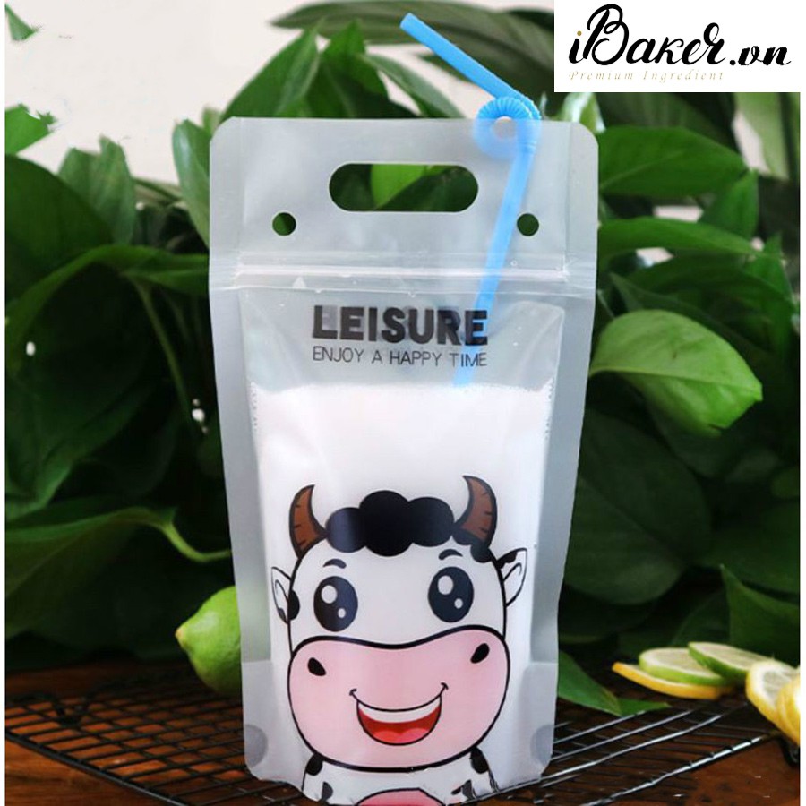 Túi đựng trà sữa kèm ống hút - Hình bò sữa (xấp 10 cái)