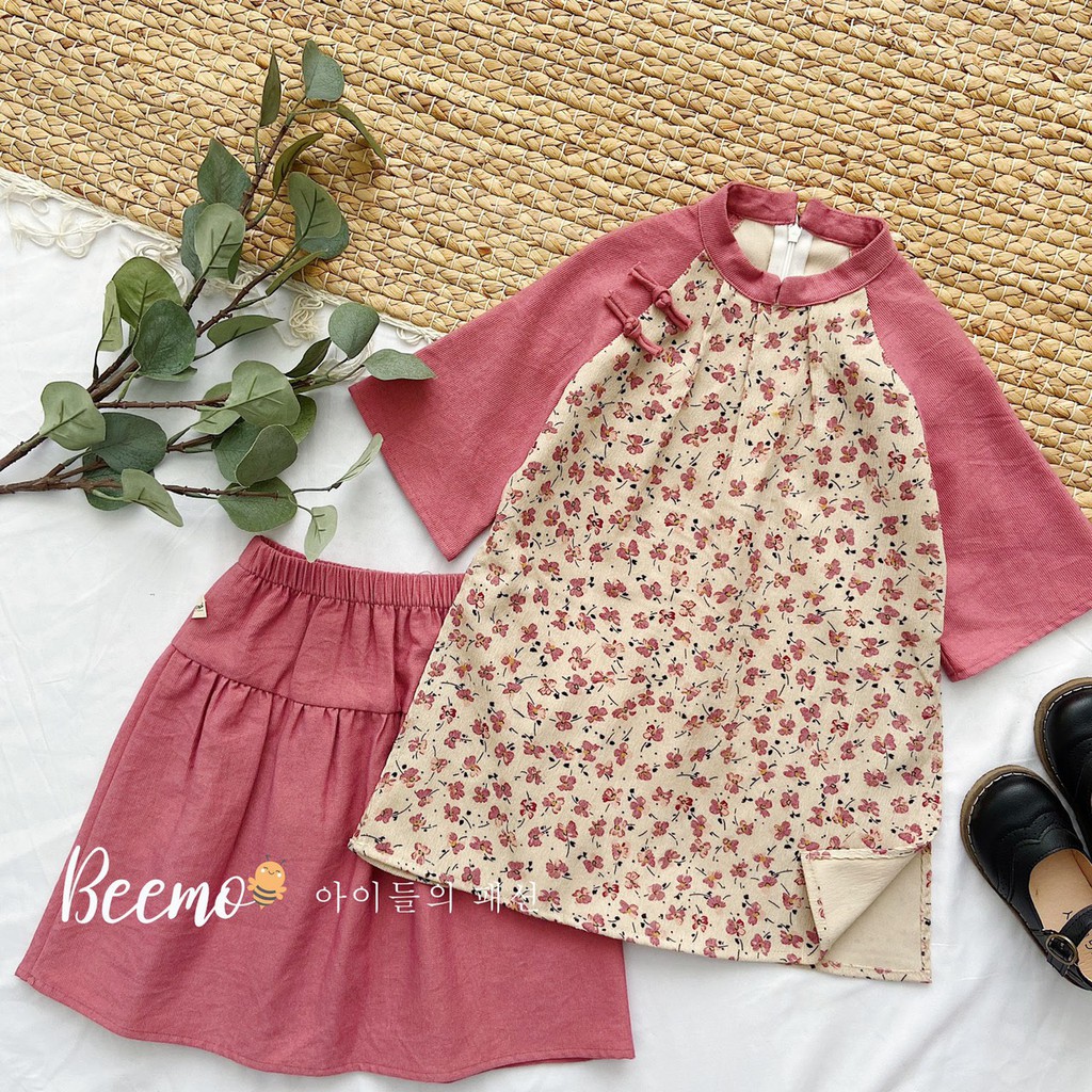 Set áo dài nhung tăm hoa nhí xinh yêu