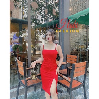 Đầm body 2 dây xẻ đùi trước nhún eo cực tôn body đã có mút ngực