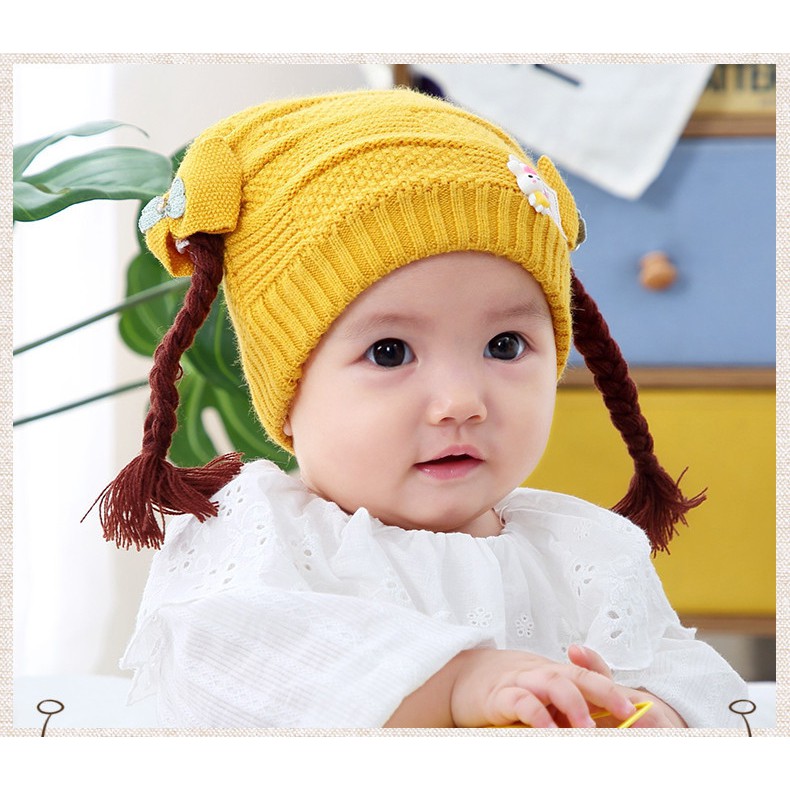 Mũ len tóc tết đính con thỏ cho bé siêu yêu(3 tháng -3tuổi)