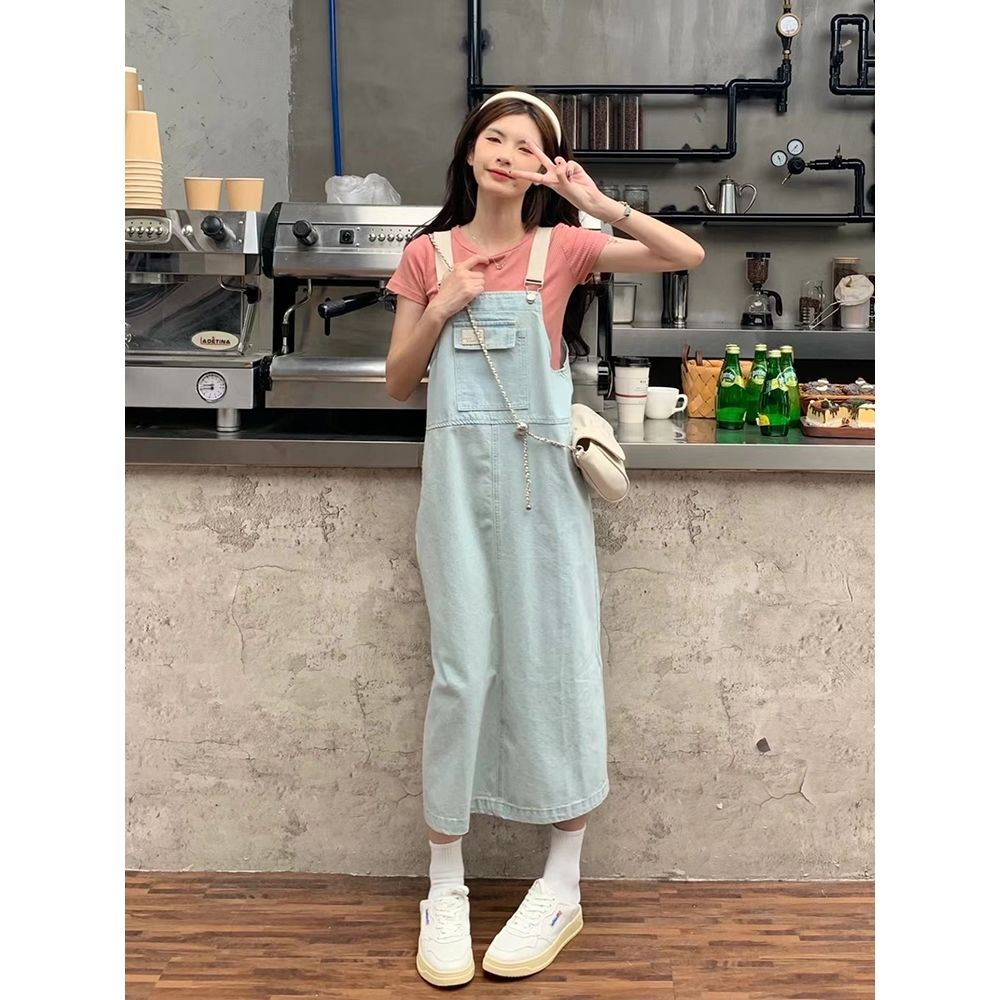 Đầm Yếm Denim Dài Dáng Rộng Phong Cách Preppy Thời Trang Mùa Hè Cho Nữ