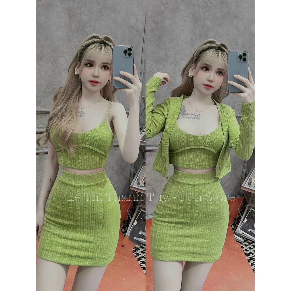(Sale FreeShip) Sét váy nữ 3 món,áo 2 dây from croptop kèm khoát mix chân váy ôm,chất len ren cao cấp hàng chuẩn from