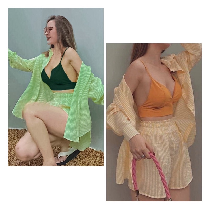 Set khoác sơ mi sọc + bra 2s + short sọc