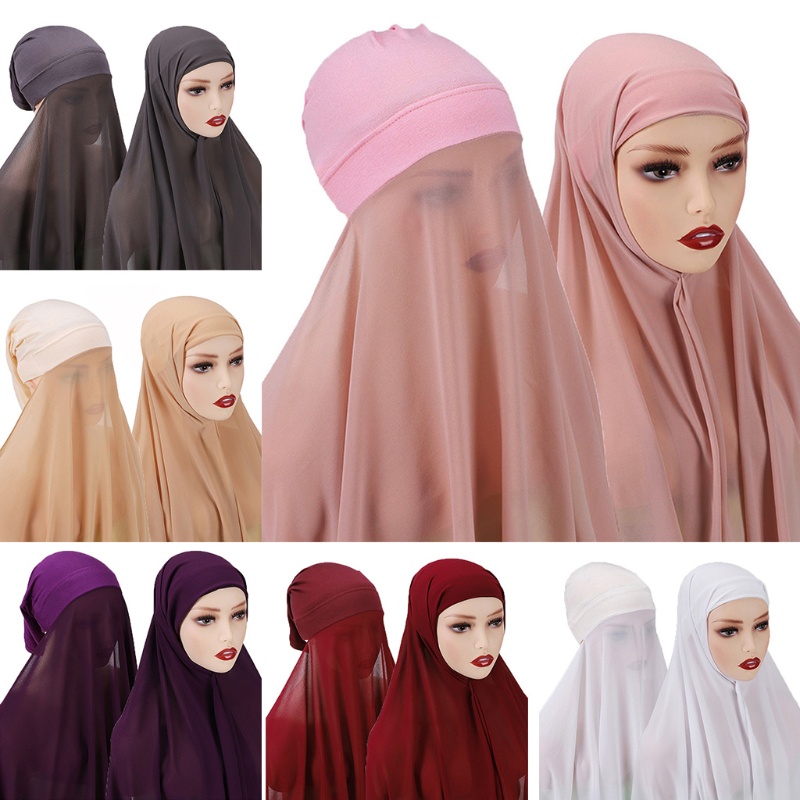 Flgo Khăn Choàng Hijab Màu Trơn Đính Ngọc Trai Co Giãn Kèm Dây Buộc