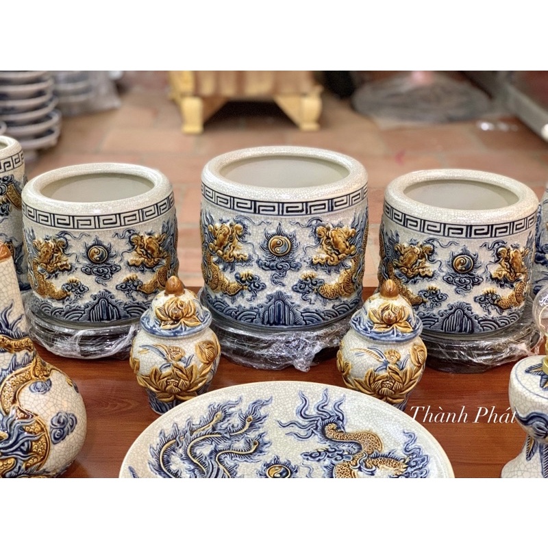 Bộ Đồ Thờ Men Rạn Đắp Nổi Bát Tràng, Đồ Thờ Thần Tài, Gia Tiên Men Rạn, Bát Hương Men Rạn Bát Tràng