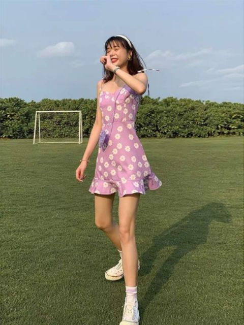 Đầm tím 2 dây hoa cúc rã ngực nhún thun