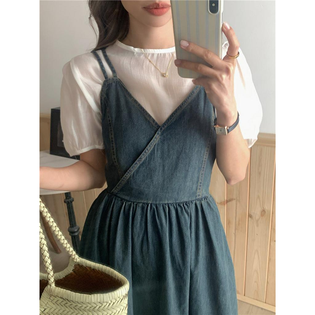 Váy Yếm Denim Cổ Tròn Thời Trang Hàn Quốc Đơn Giản 63851