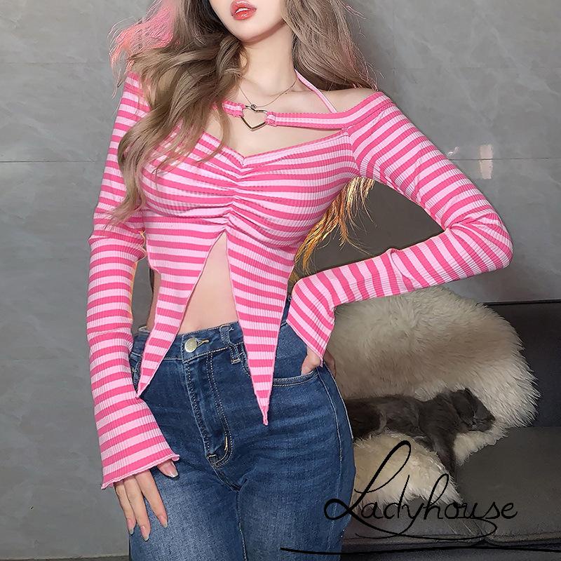 Áo Tay Dài Hở Vai Họa Tiết Sọc Ngang Thời Trang Dành Cho Nữ